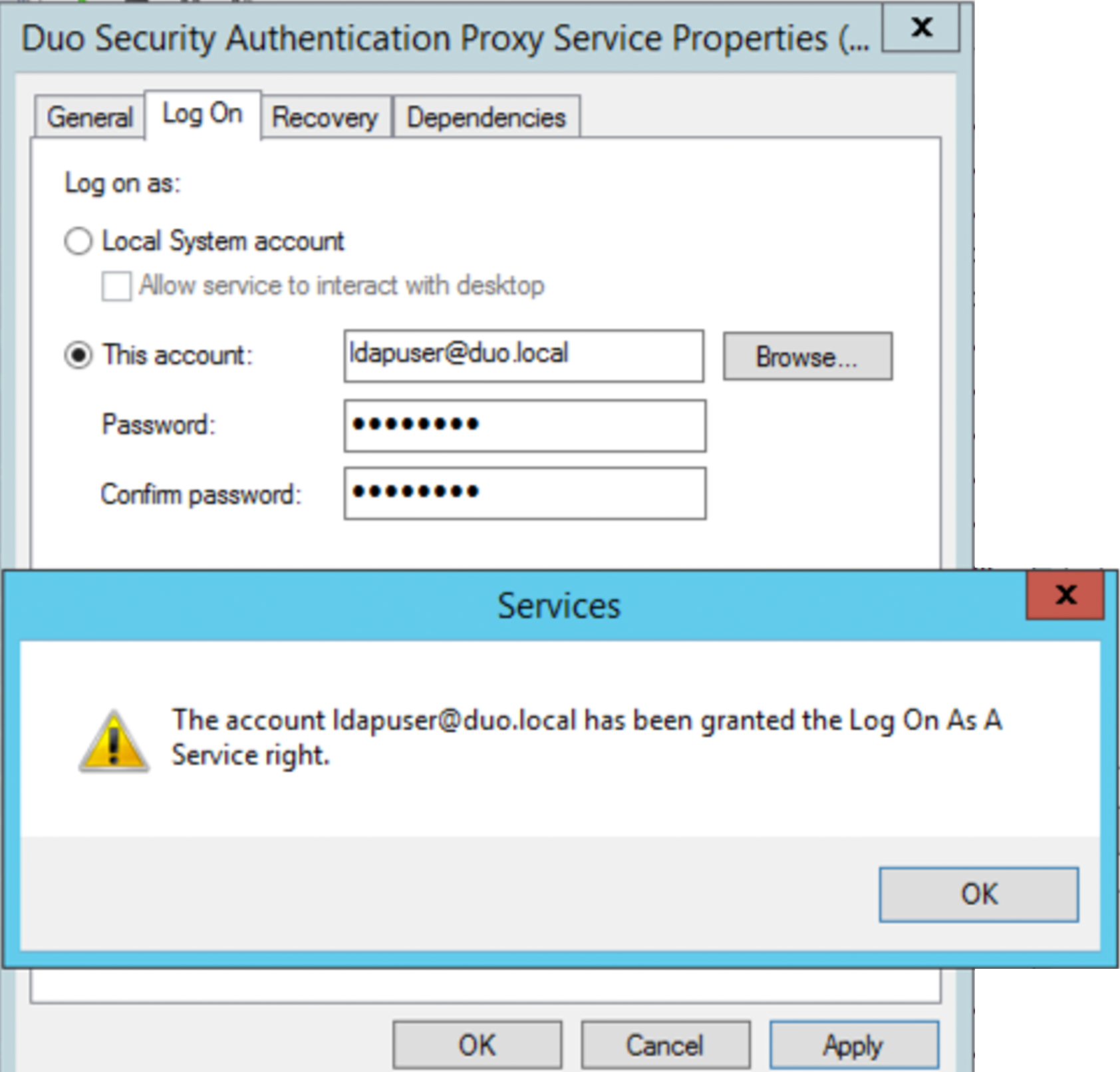 What is the least privileged duo authentication proxy windows service