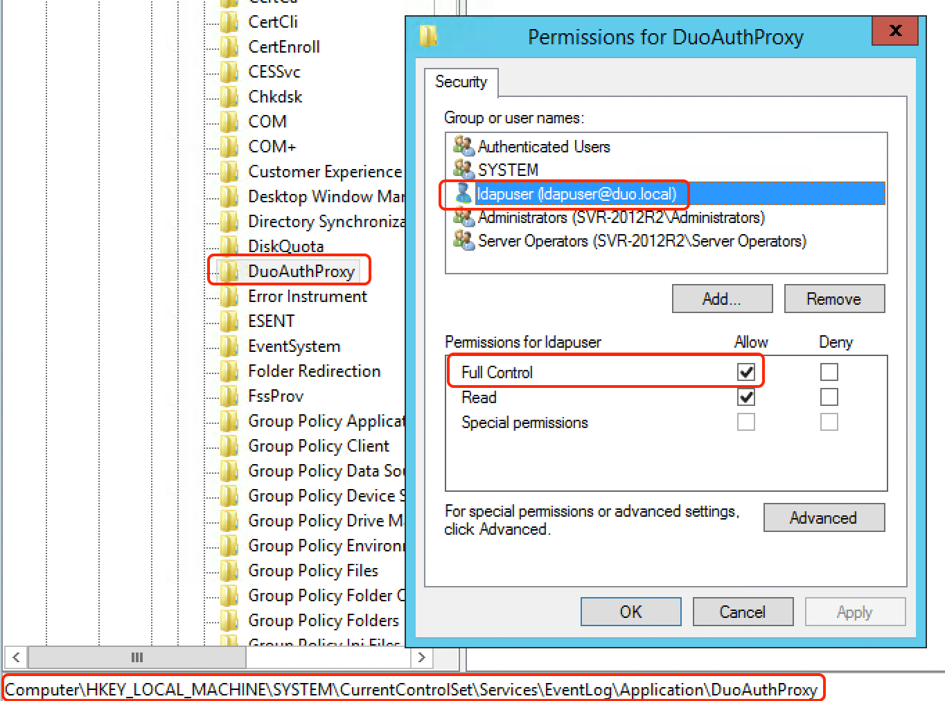What is the least privileged duo authentication proxy windows service