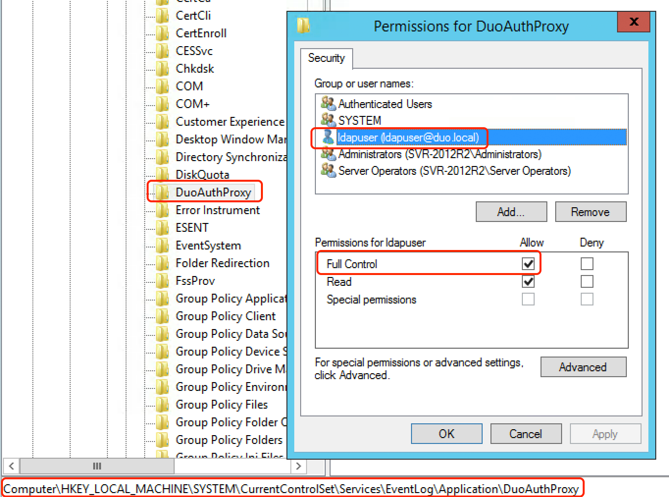 What is the least-privileged Duo Authentication Proxy Windows service ...