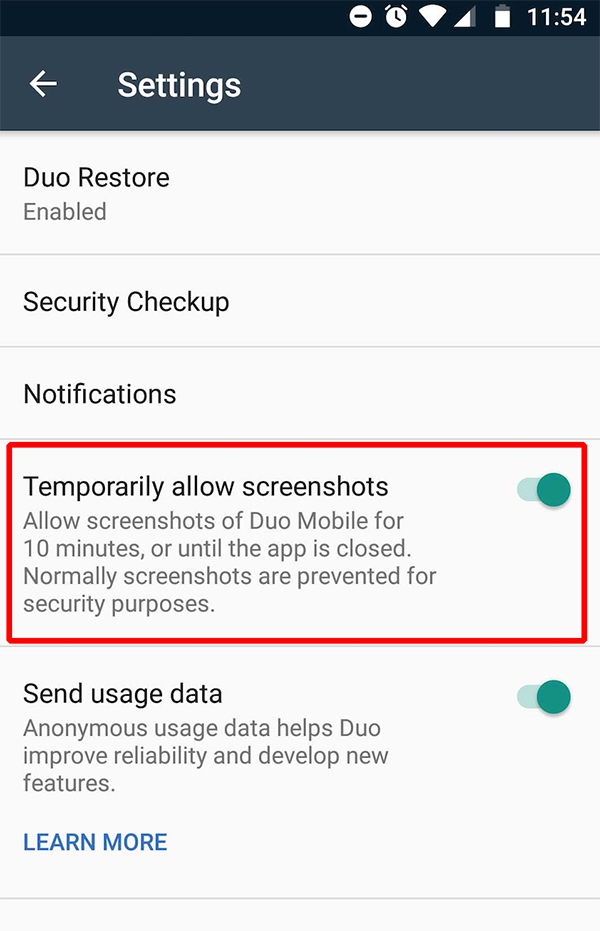 Why can't I take screenshots of Duo Mobile on Android devices?