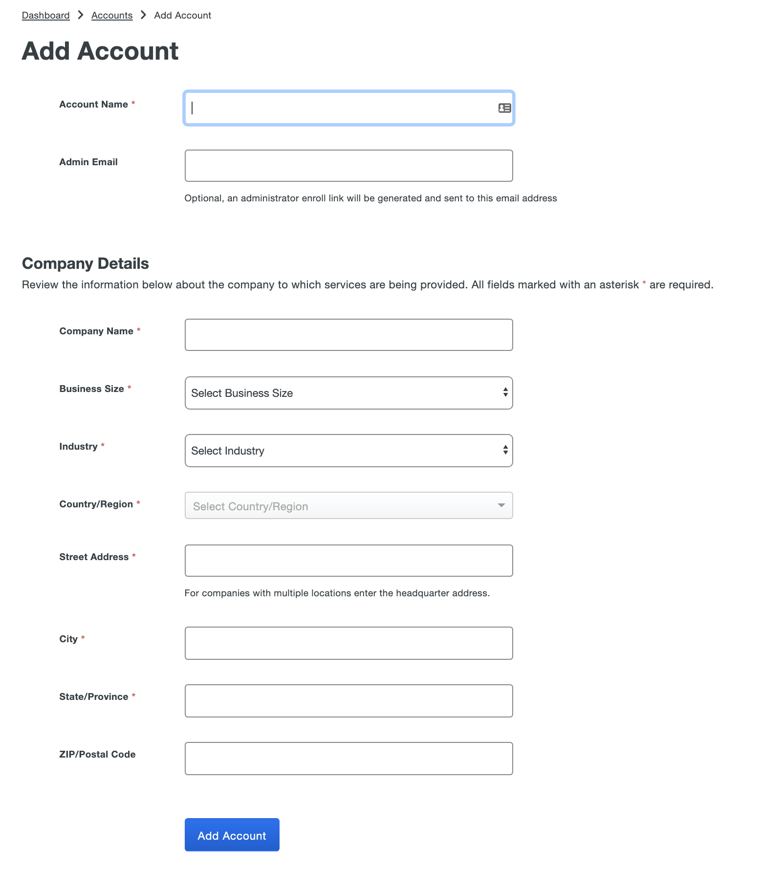 Guide to entering company details for MSP child accounts