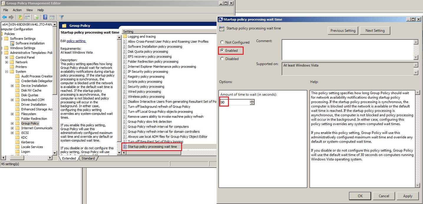 Group Policy Manager configured for Startup policy processing wait time for 90 seconds