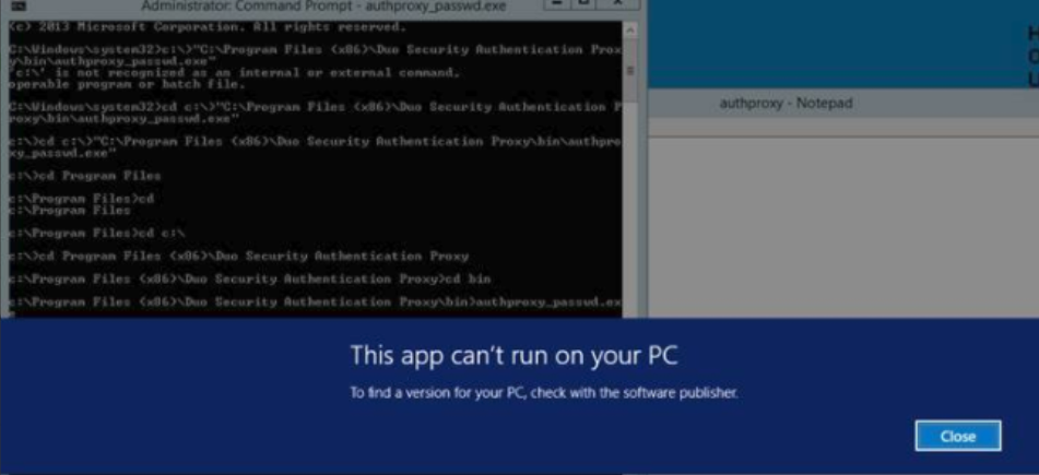 How do I resolve a "This app can't run on your PC" error when using the ...