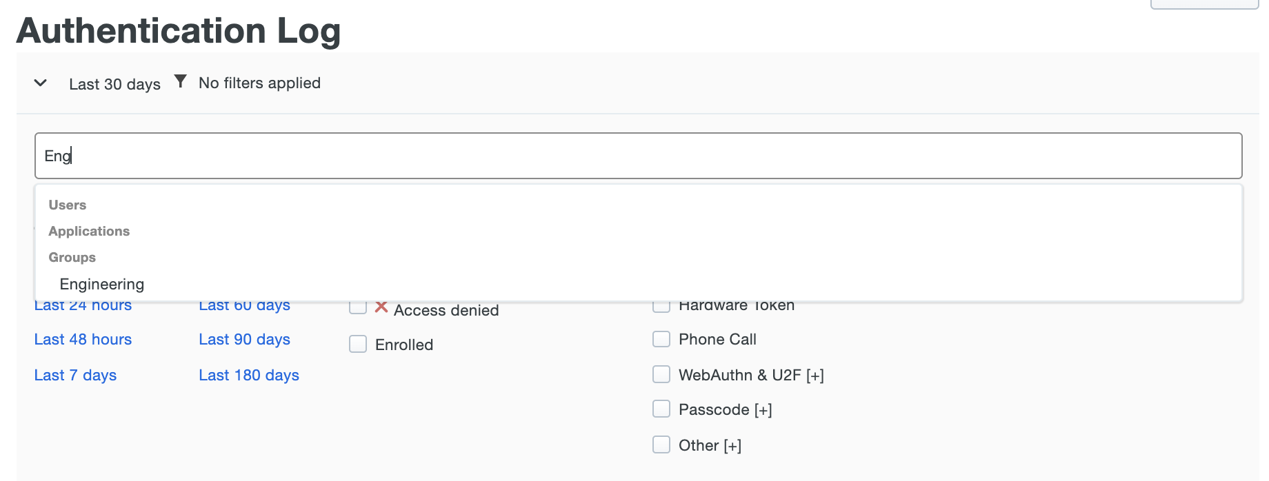 How does the group filter in the Authentication Log work?