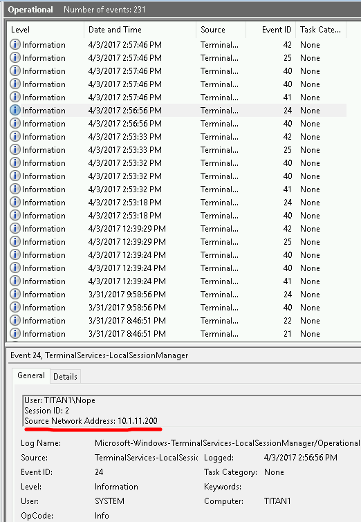How do i find the source ip of an rdp connection from a windows login 