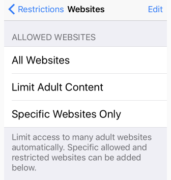 Screenshot showing Limit Adult Content is unchecked