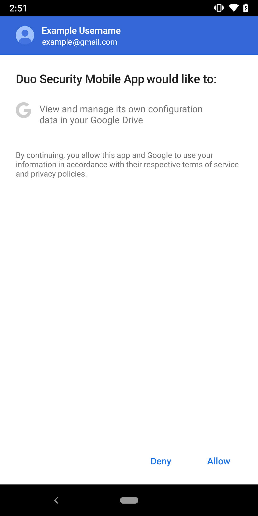 Duo Mobile screenshot requesting Google Drive permission