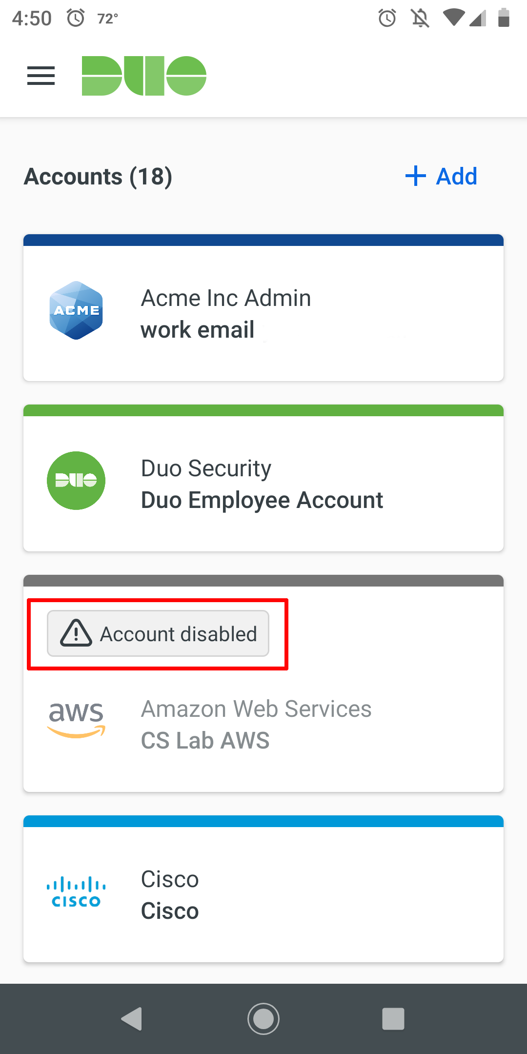 Why am i seeing account disabled in the duo mobile account list 