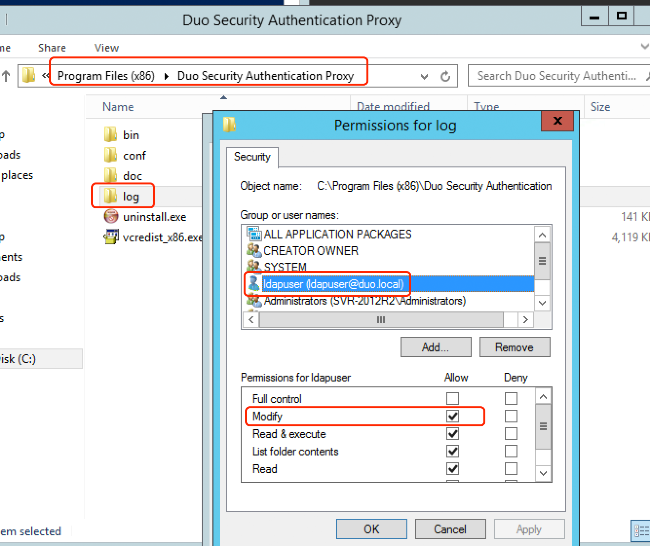 What is the least privileged duo authentication proxy windows service
